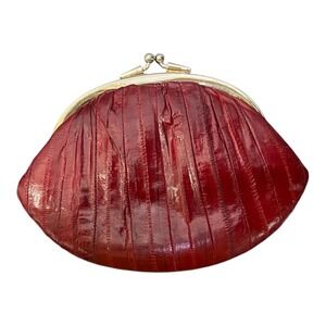 Vintage Burgundy Eel Skin Leather Double Kiss Lock Coin Purse Wallet Red Gold